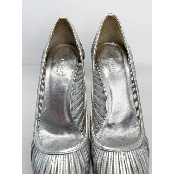 Gucci Silver Leather Heels Laser Cut Stripe Metallic Y2K Vintage Sz EU 36.5C 6.5 - Picture 6 of 10